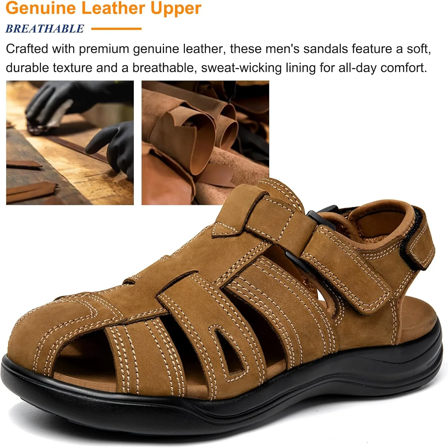 Mens Fisherman Leather Closed Toe Sandals Walking Dress Casual Sandalias Whith Memory Foam Summer Outdoor Athletic Adjustable Comfortable