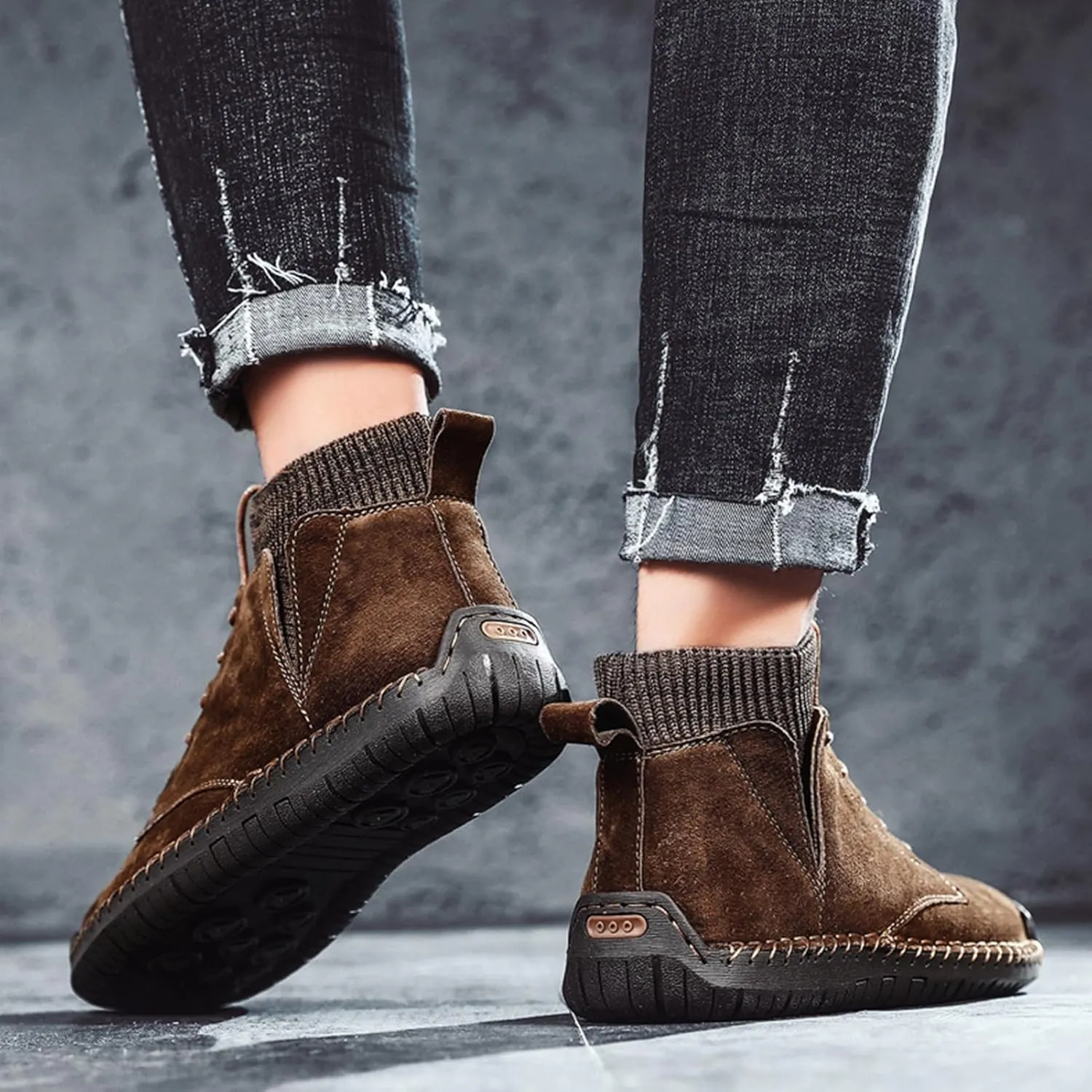 Mens Fur Lining Winter Hand Stitched Lace-Up Loafers Chukka Walking Casual Leather Ankle Outdoor Shoes