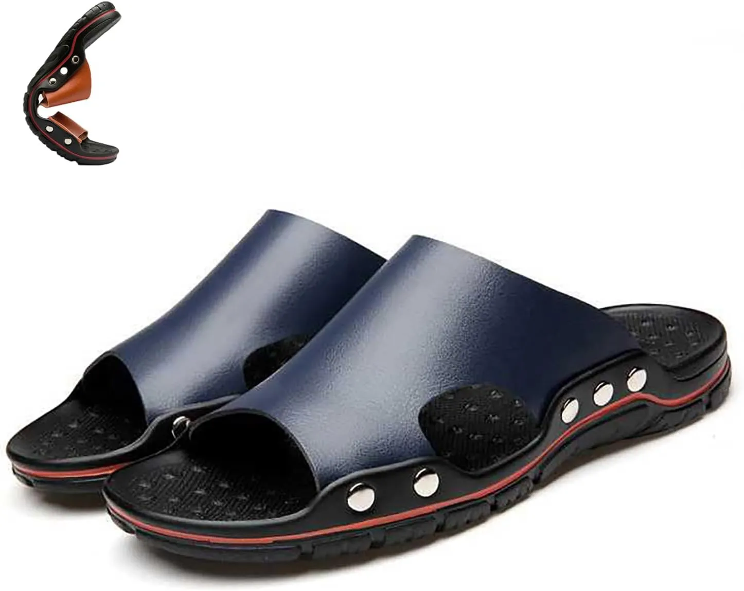 Men'S Genuine Leather Rivet Flat Slide Sandals Fashion Round Open Toe Slip-On Soft Sole Beach Sandals Summer Casual Vacation Party Male Sandals