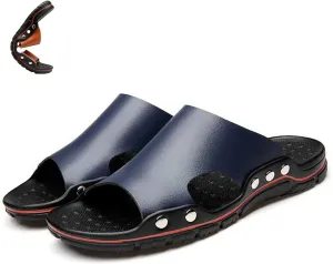 Men'S Genuine Leather Rivet Flat Slide Sandals Fashion Round Open Toe Slip-On Soft Sole Beach Sandals Summer Casual Vacation Party Male Sandals