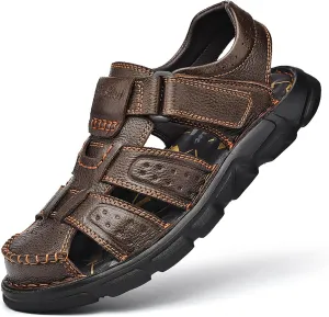 Men's Genuine Leather Round Closed Toe Fisherman Sandals Adjustable Hook Loop Casual Outdoor Hiking Sandals Comfort Non-Slip Beach Sport Athletic Walking Traveling Shoes