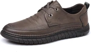 Mens Handmade Leather Lace Up Flats Oxford Shoes Casual Lightweight Low Top Non-Slip Round Toe Walking Driving Loafers Shoes