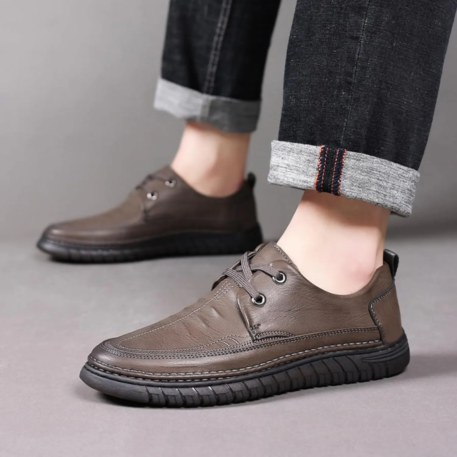 Mens Handmade Leather Lace Up Flats Oxford Shoes Casual Lightweight Low Top Non-Slip Round Toe Walking Driving Loafers Shoes