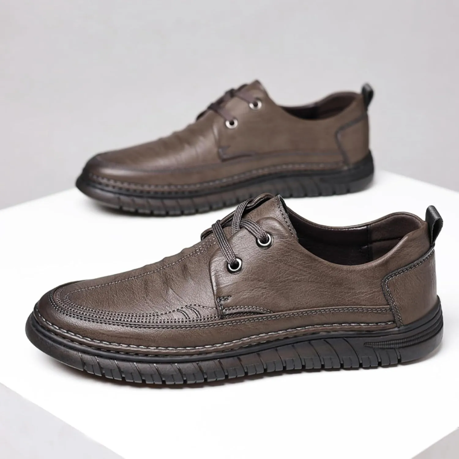 Mens Handmade Leather Lace Up Flats Oxford Shoes Casual Lightweight Low Top Non-Slip Round Toe Walking Driving Loafers Shoes
