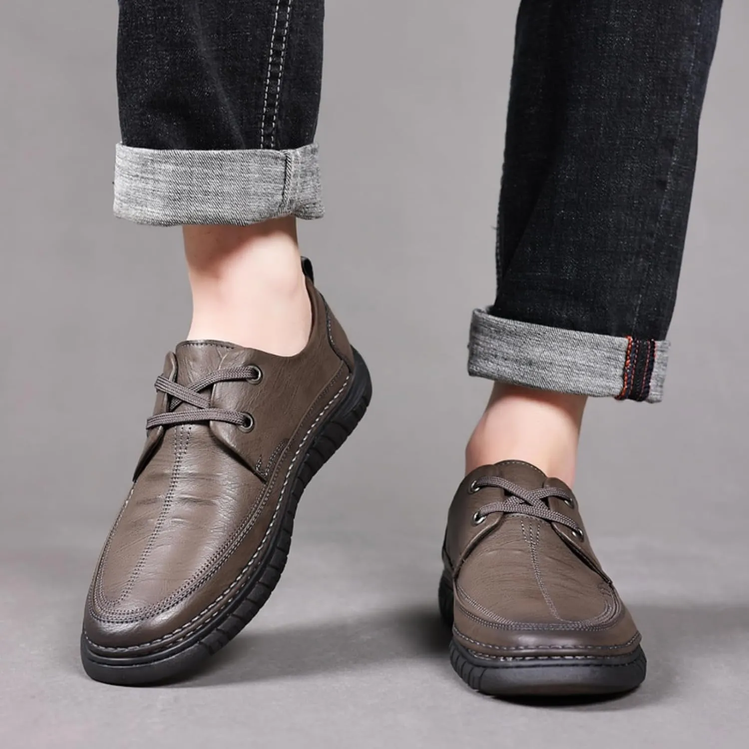 Mens Handmade Leather Lace Up Flats Oxford Shoes Casual Lightweight Low Top Non-Slip Round Toe Walking Driving Loafers Shoes