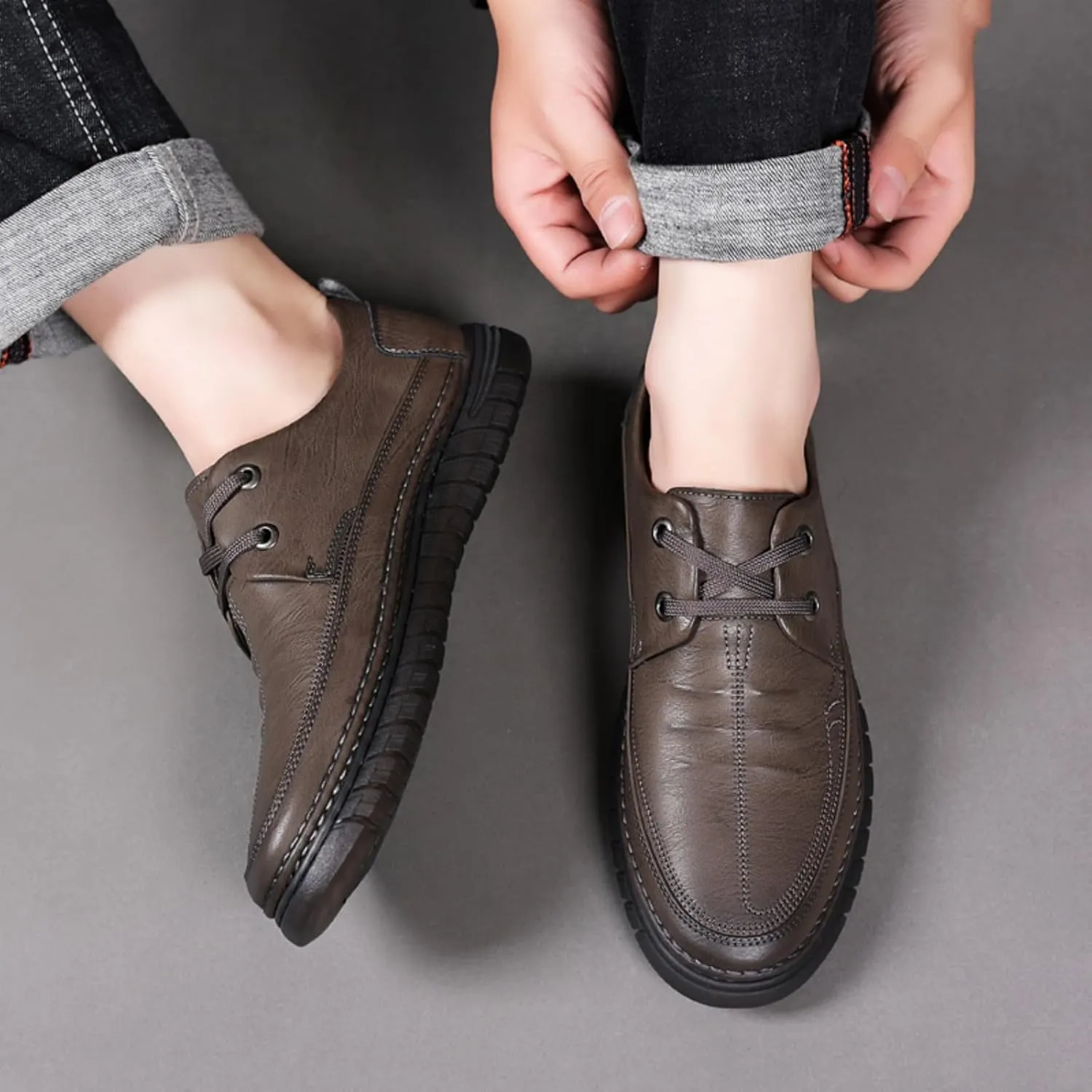 Mens Handmade Leather Lace Up Flats Oxford Shoes Casual Lightweight Low Top Non-Slip Round Toe Walking Driving Loafers Shoes