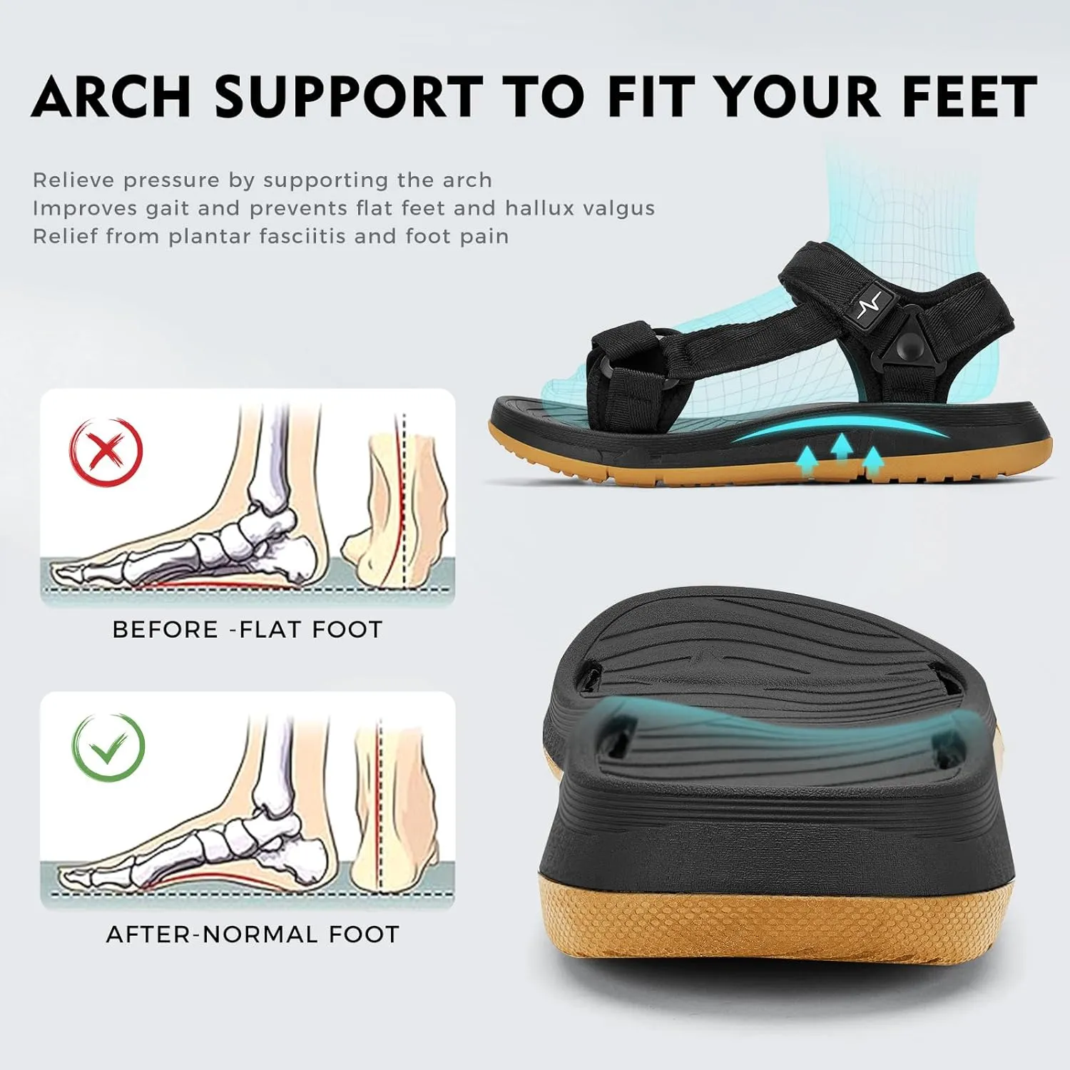 Mens Hiking Sandals with Arch Support - Cushion Sport Athletic Walking Sandles Outdoor Summer Comfortable Casual Waterproof Beach Water Sandal for Wide Feet