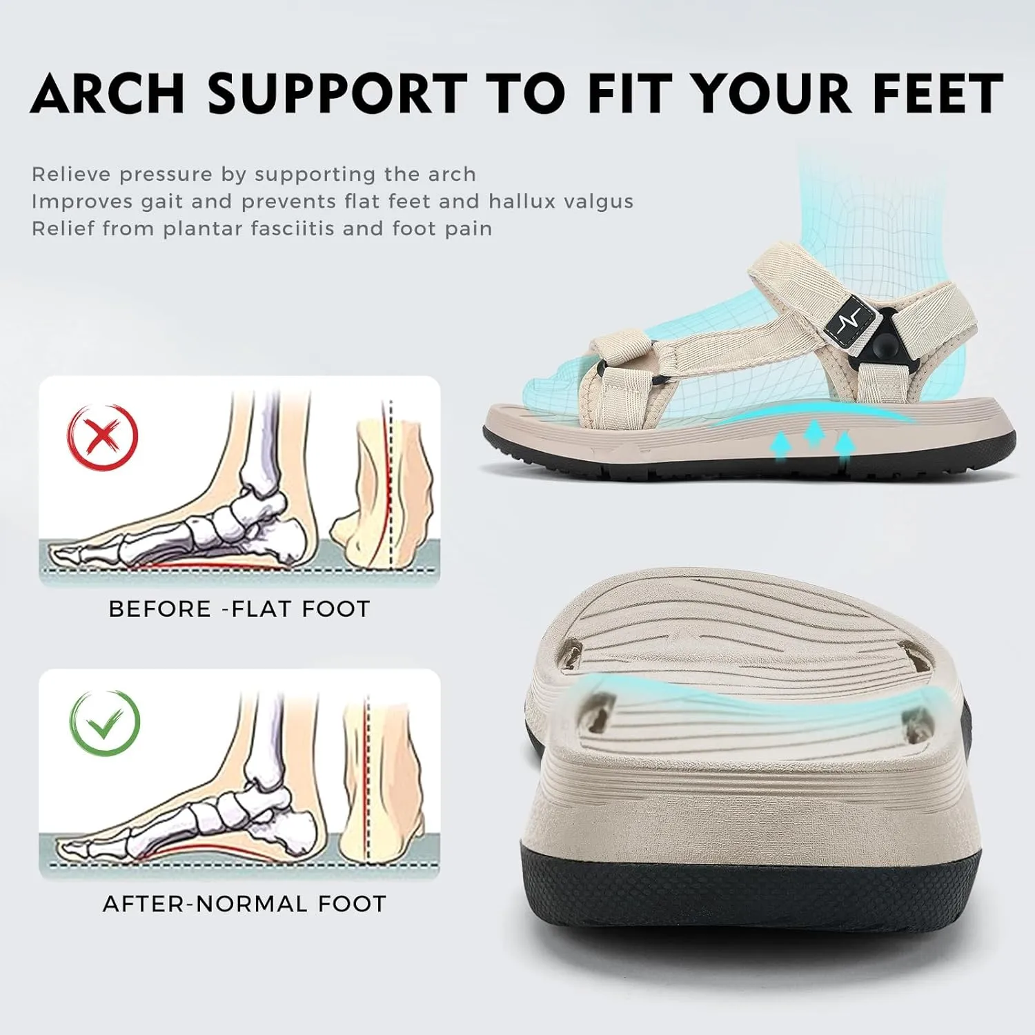 Mens Hiking Sandals with Arch Support - Cushion Sport Athletic Walking Sandles Outdoor Summer Comfortable Casual Waterproof Beach Water Sandal for Wide Feet