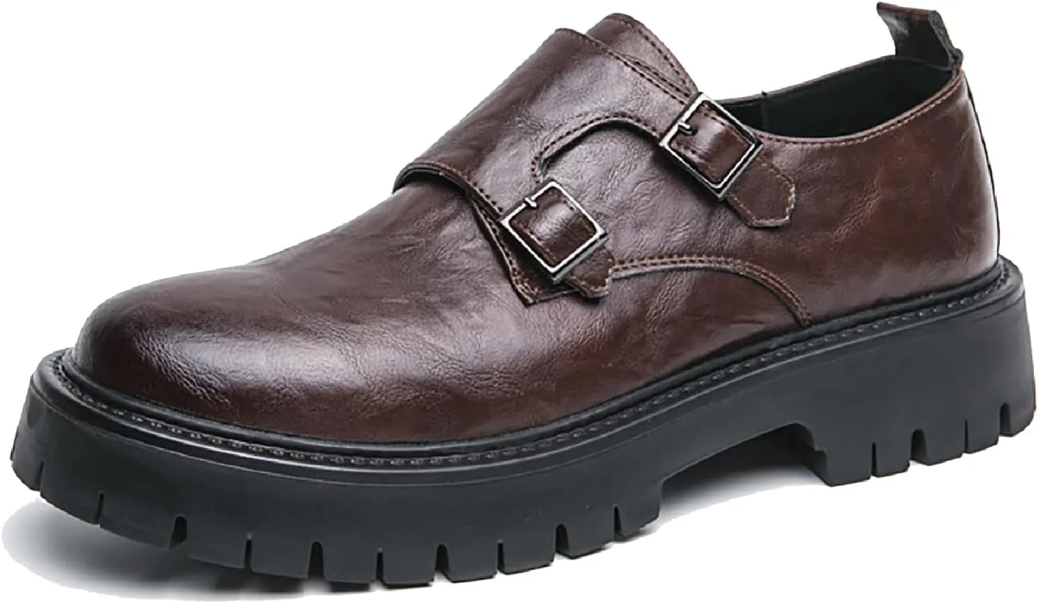 Men's Leather Buckle Strap Platform Loafers Classic Round Toe Anti-Slip Lug Sole Chunky Slip-On Loafers for Business Office Formal Shoes