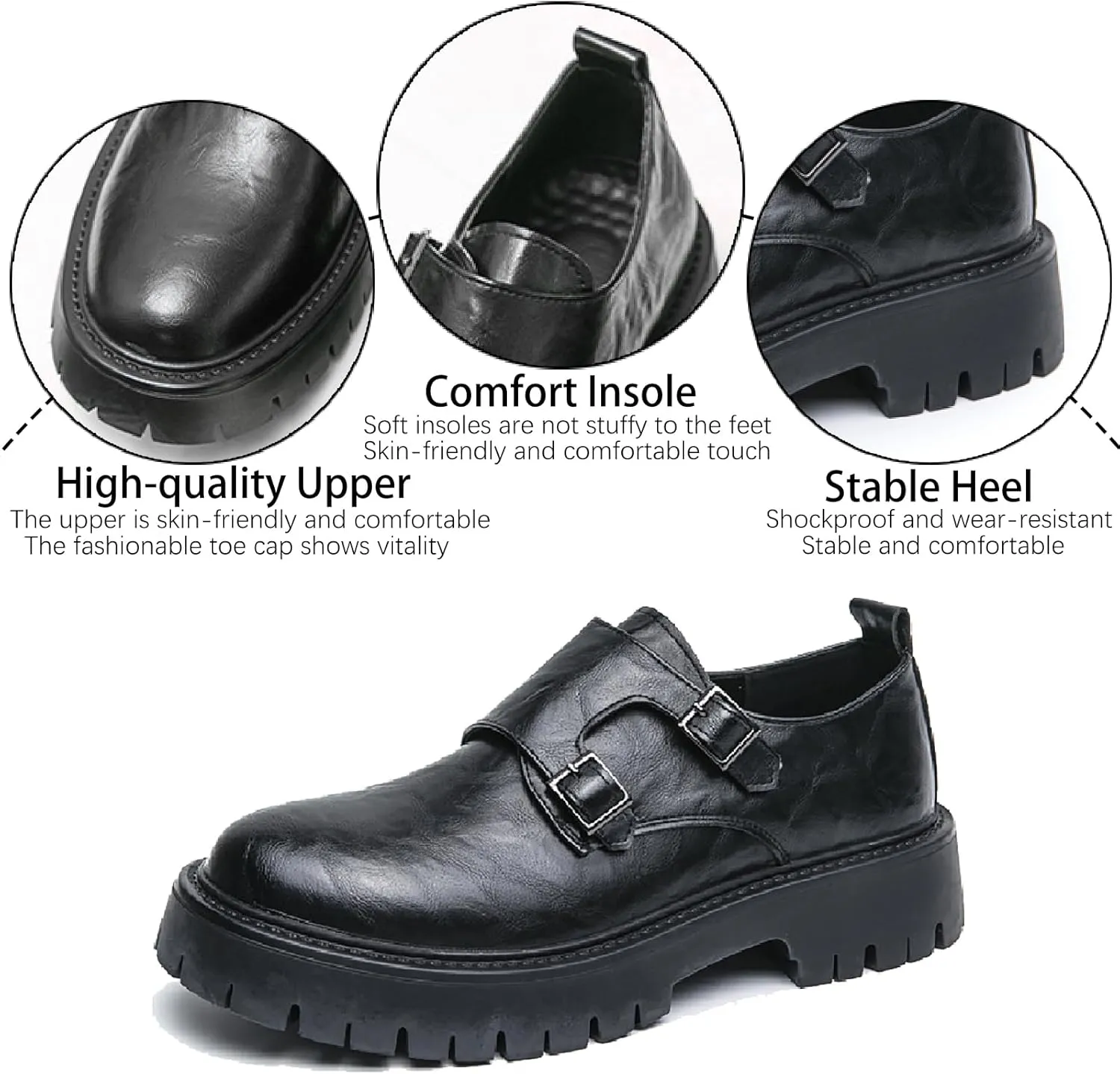 Men's Leather Buckle Strap Platform Loafers Classic Round Toe Anti-Slip Lug Sole Chunky Slip-On Loafers for Business Office Formal Shoes