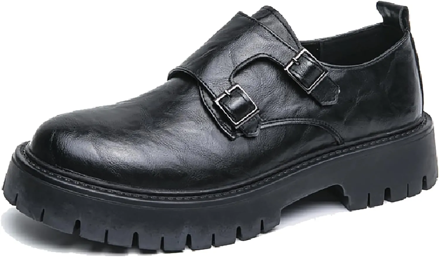 Men's Leather Buckle Strap Platform Loafers Classic Round Toe Anti-Slip Lug Sole Chunky Slip-On Loafers for Business Office Formal Shoes