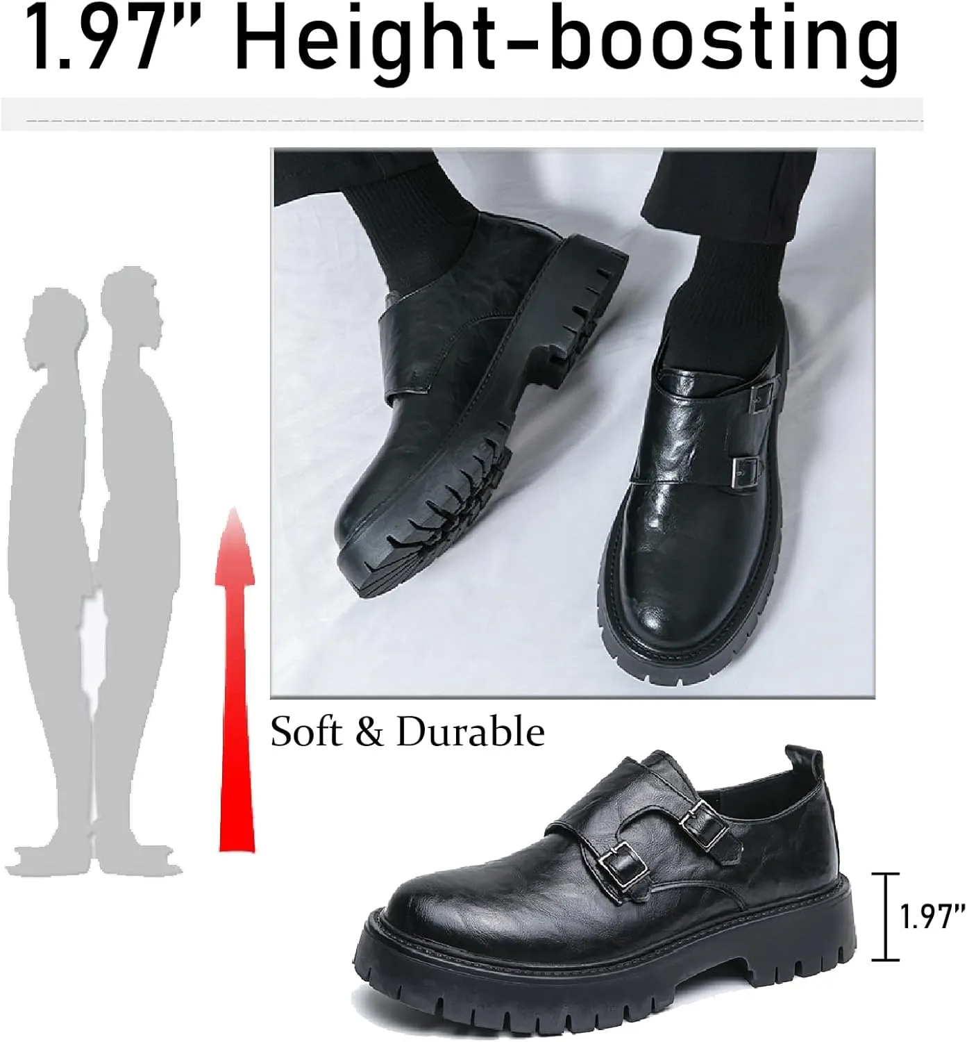 Men's Leather Buckle Strap Platform Loafers Classic Round Toe Anti-Slip Lug Sole Chunky Slip-On Loafers for Business Office Formal Shoes