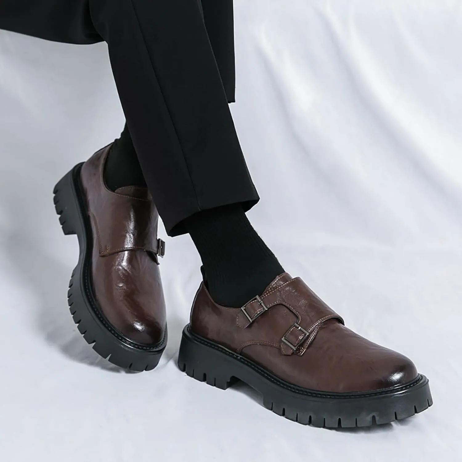 Men's Leather Buckle Strap Platform Loafers Classic Round Toe Anti-Slip Lug Sole Chunky Slip-On Loafers for Business Office Formal Shoes
