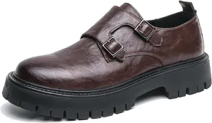 Men's Leather Buckle Strap Platform Loafers Classic Round Toe Anti-Slip Lug Sole Chunky Slip-On Loafers for Business Office Formal Shoes