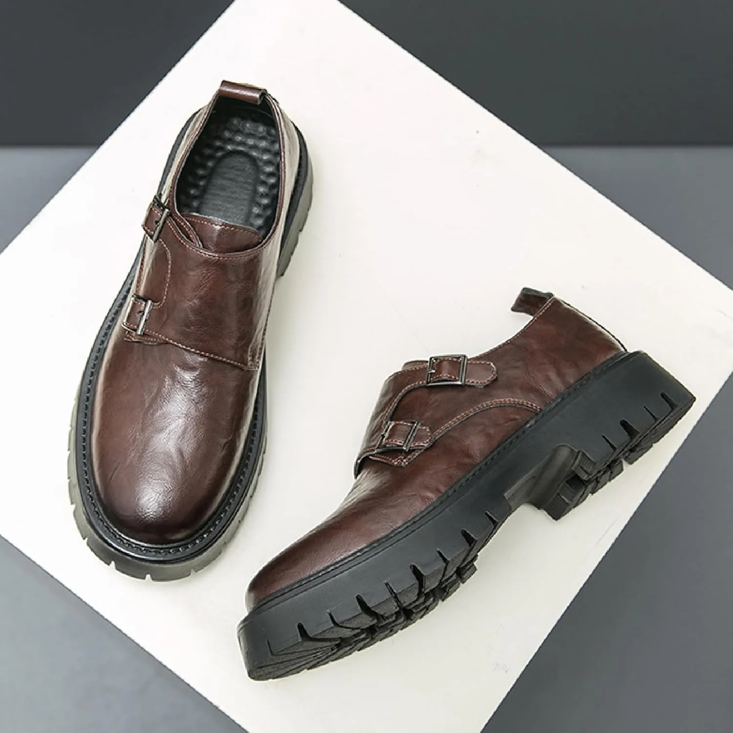 Men's Leather Buckle Strap Platform Loafers Classic Round Toe Anti-Slip Lug Sole Chunky Slip-On Loafers for Business Office Formal Shoes