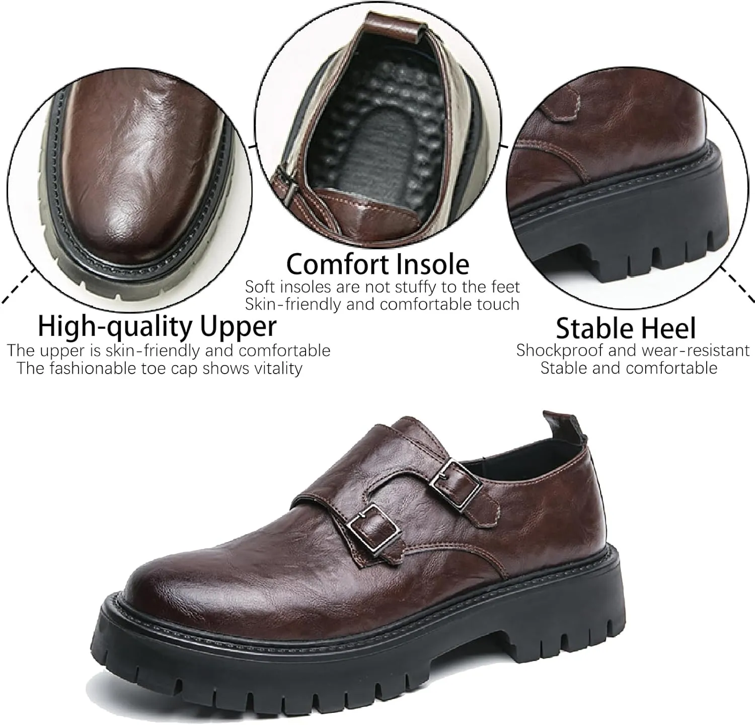 Men's Leather Buckle Strap Platform Loafers Classic Round Toe Anti-Slip Lug Sole Chunky Slip-On Loafers for Business Office Formal Shoes