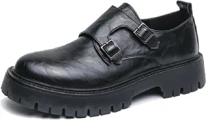 Men's Leather Buckle Strap Platform Loafers Classic Round Toe Anti-Slip Lug Sole Chunky Slip-On Loafers for Business Office Formal Shoes