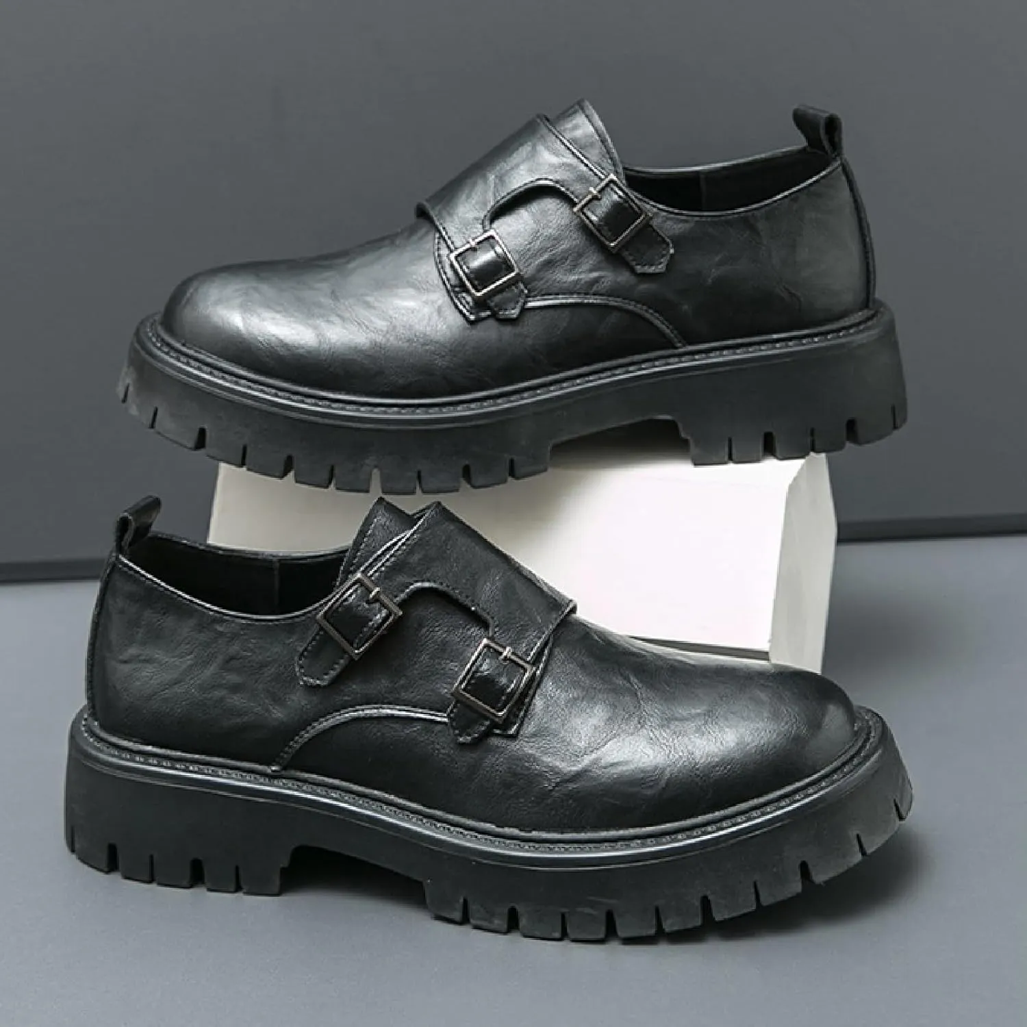 Men's Leather Buckle Strap Platform Loafers Classic Round Toe Anti-Slip Lug Sole Chunky Slip-On Loafers for Business Office Formal Shoes