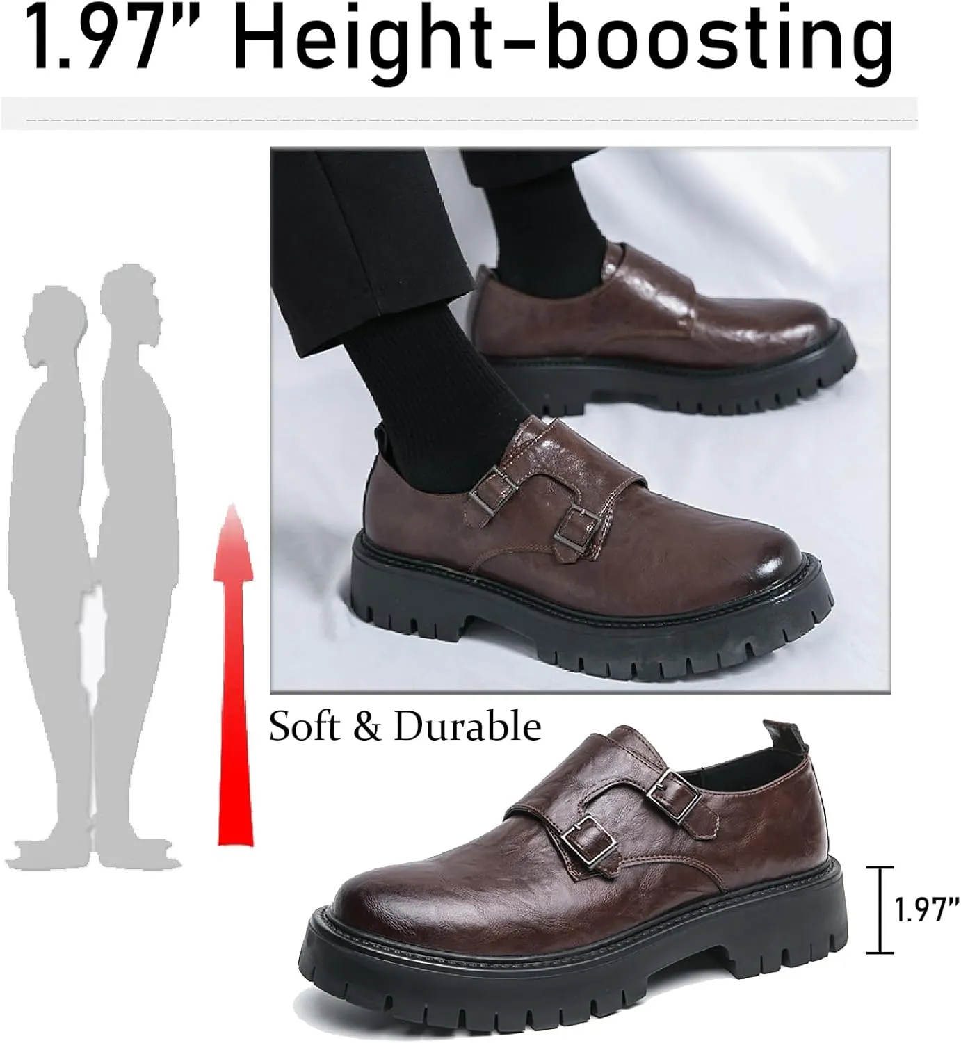 Men's Leather Buckle Strap Platform Loafers Classic Round Toe Anti-Slip Lug Sole Chunky Slip-On Loafers for Business Office Formal Shoes