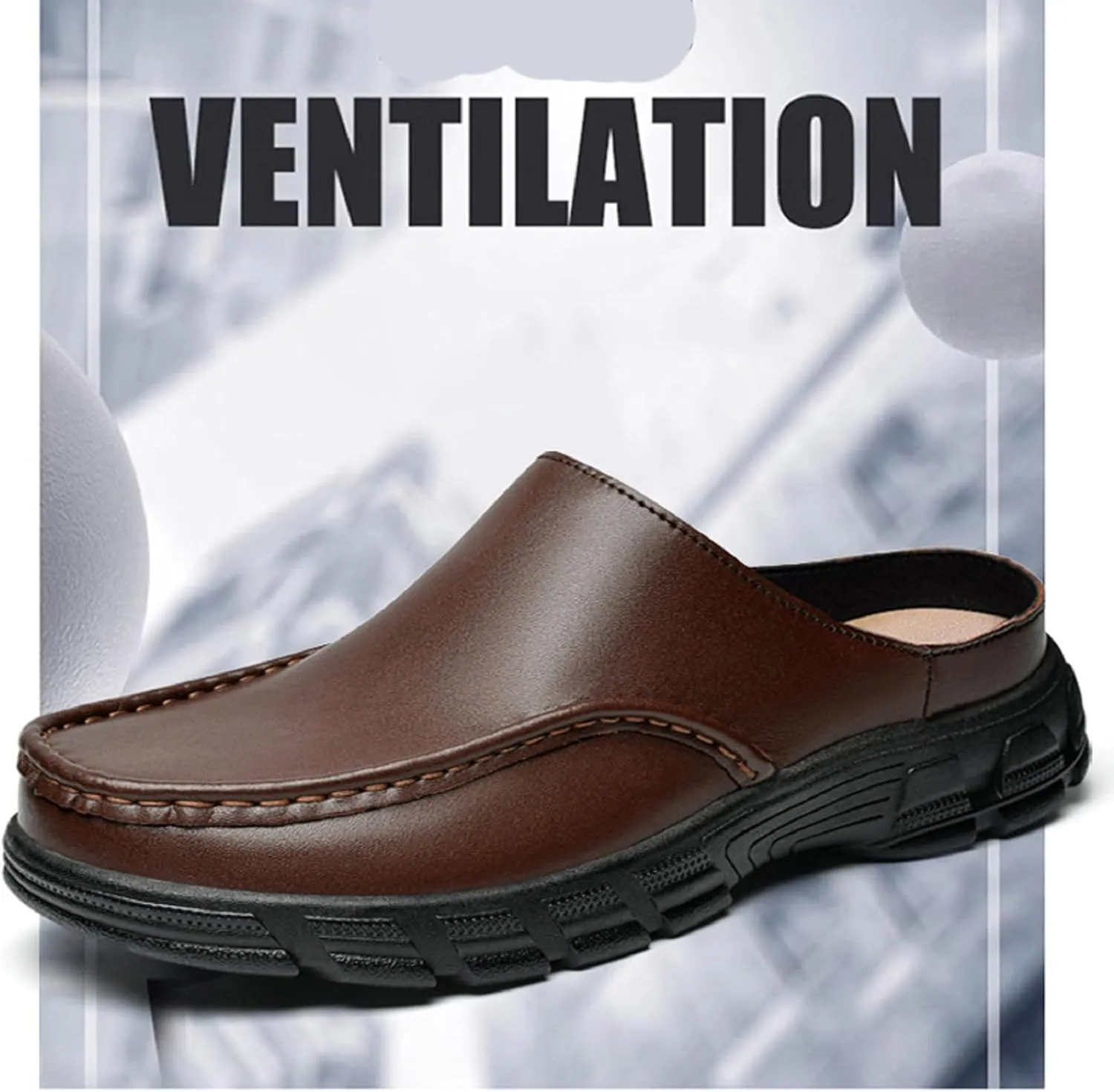 Men'S Leather Closed-Toe Thick-Soled Mules, Non-Slip, Comfortable Slip-On Casual Slippers