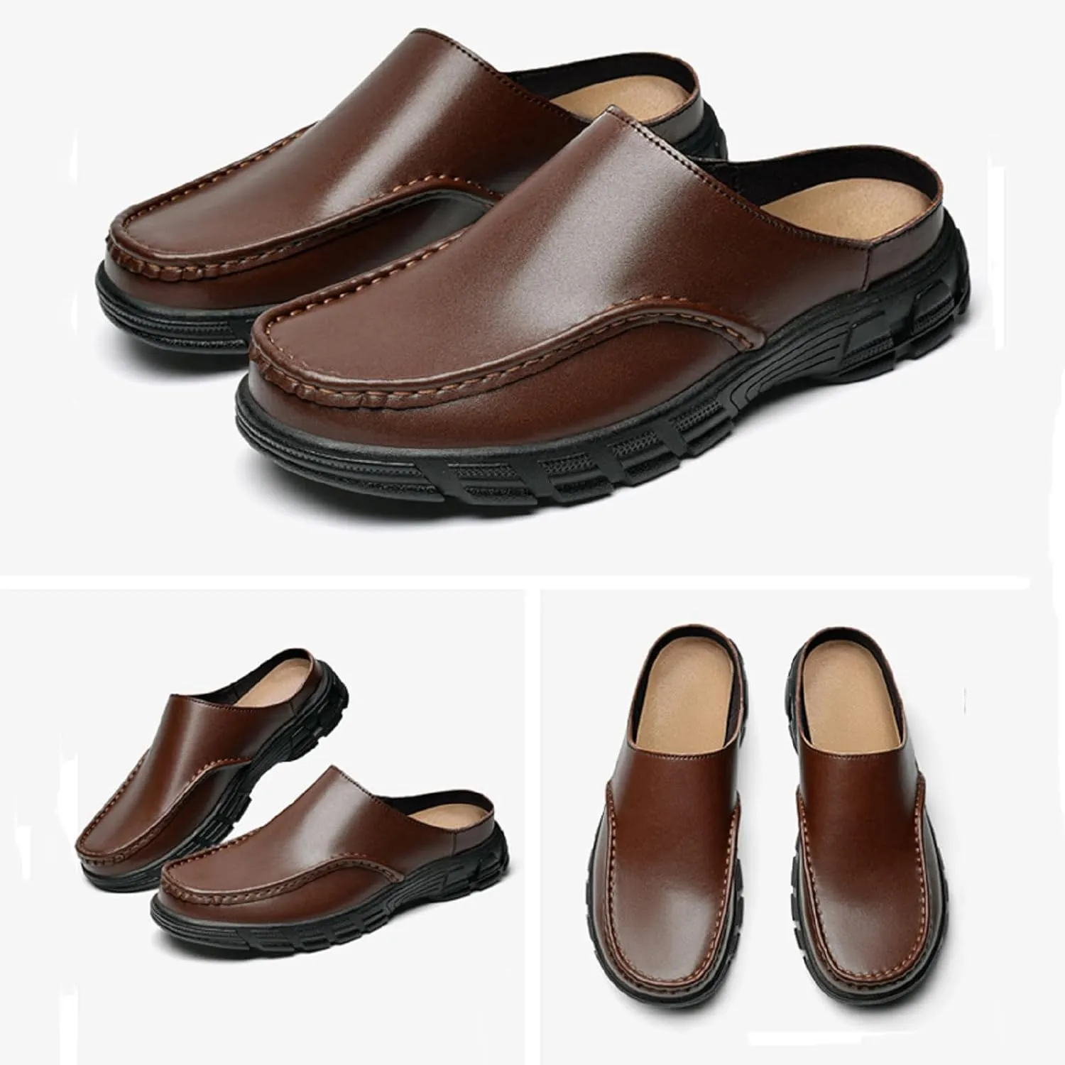 Men'S Leather Closed-Toe Thick-Soled Mules, Non-Slip, Comfortable Slip-On Casual Slippers