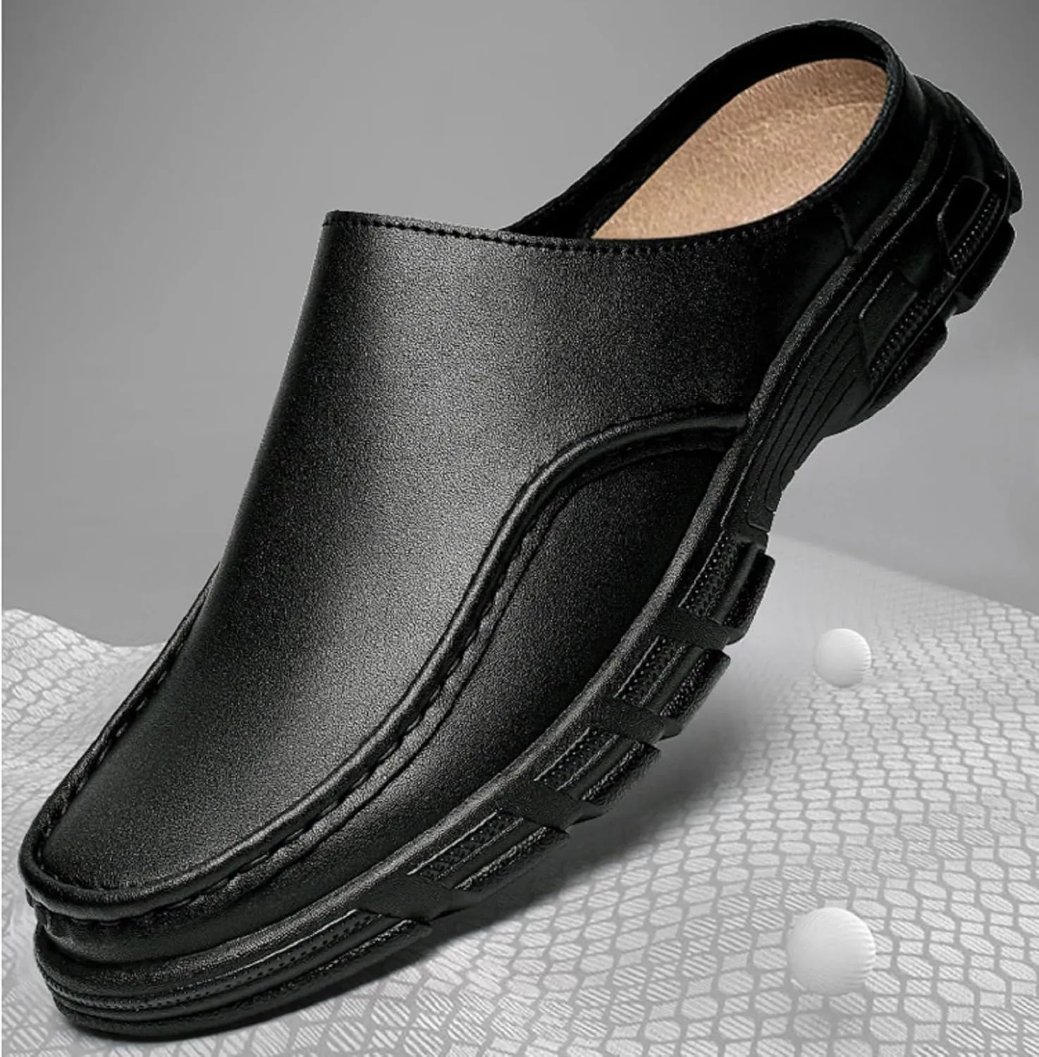 Men'S Leather Closed-Toe Thick-Soled Mules, Non-Slip, Comfortable Slip-On Casual Slippers