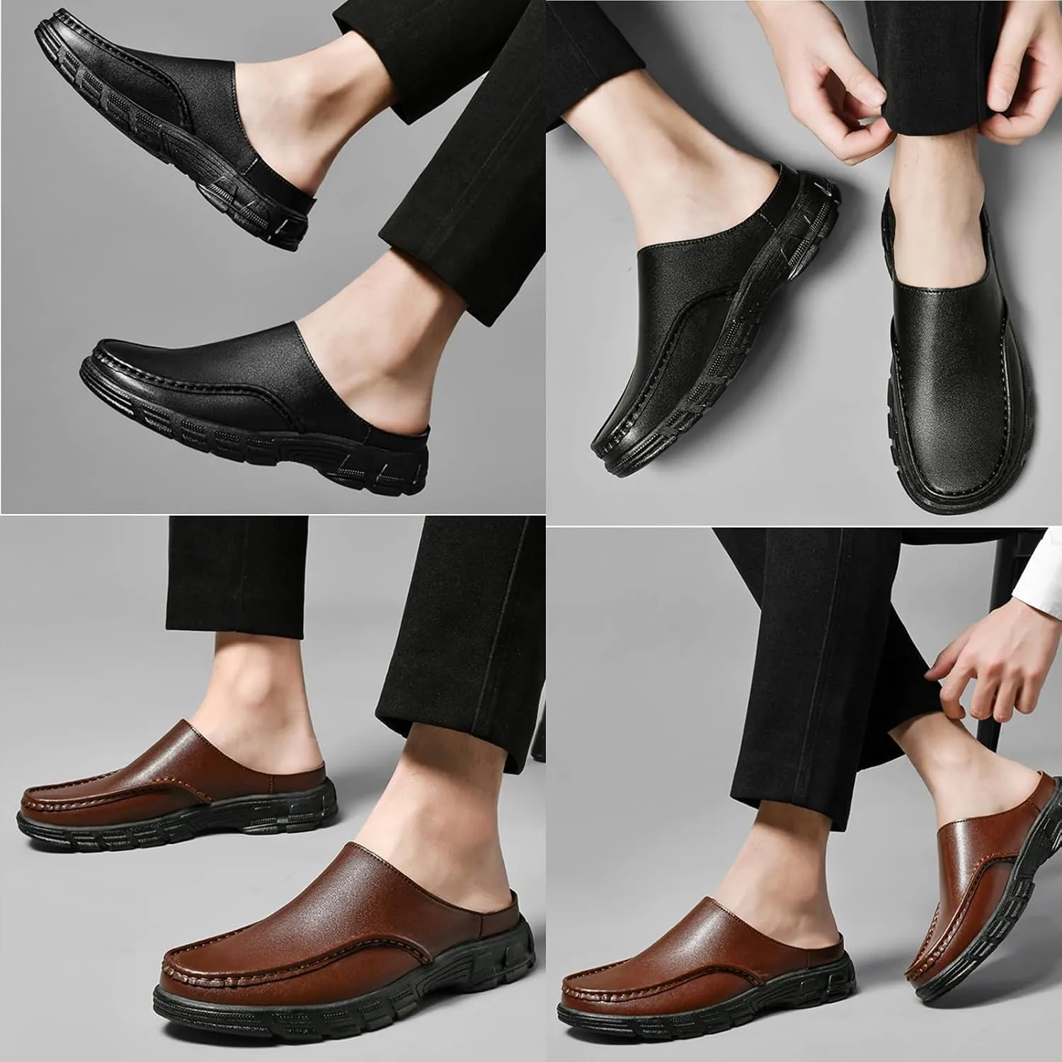 Men'S Leather Closed-Toe Thick-Soled Mules, Non-Slip, Comfortable Slip-On Casual Slippers