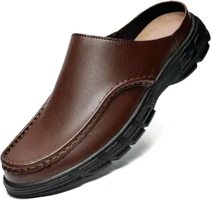 Men'S Leather Closed-Toe Thick-Soled Mules, Non-Slip, Comfortable Slip-On Casual Slippers