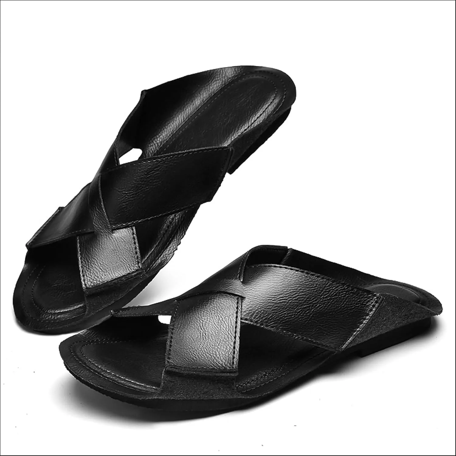 Men's Leather Cutout Flat Beach Slides Sandals Comfortable Lightweight Open Toe Anti-Slip Slip On Casual Water Sandals for Indoor & Outdoor Walking