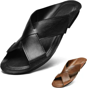 Men's Leather Cutout Flat Beach Slides Sandals Comfortable Lightweight Open Toe Anti-Slip Slip On Casual Water Sandals for Indoor & Outdoor Walking