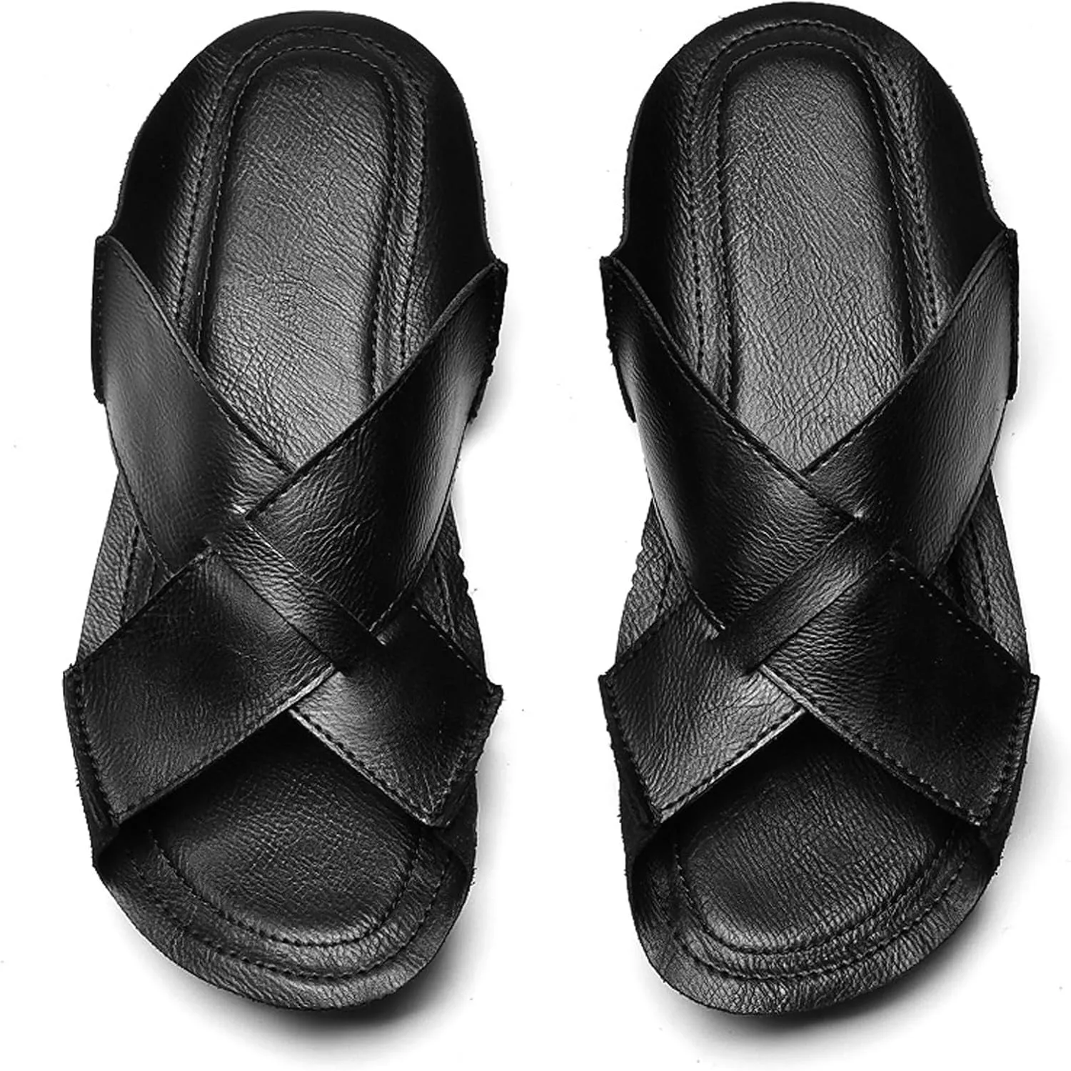Men's Leather Cutout Flat Beach Slides Sandals Comfortable Lightweight Open Toe Anti-Slip Slip On Casual Water Sandals for Indoor & Outdoor Walking