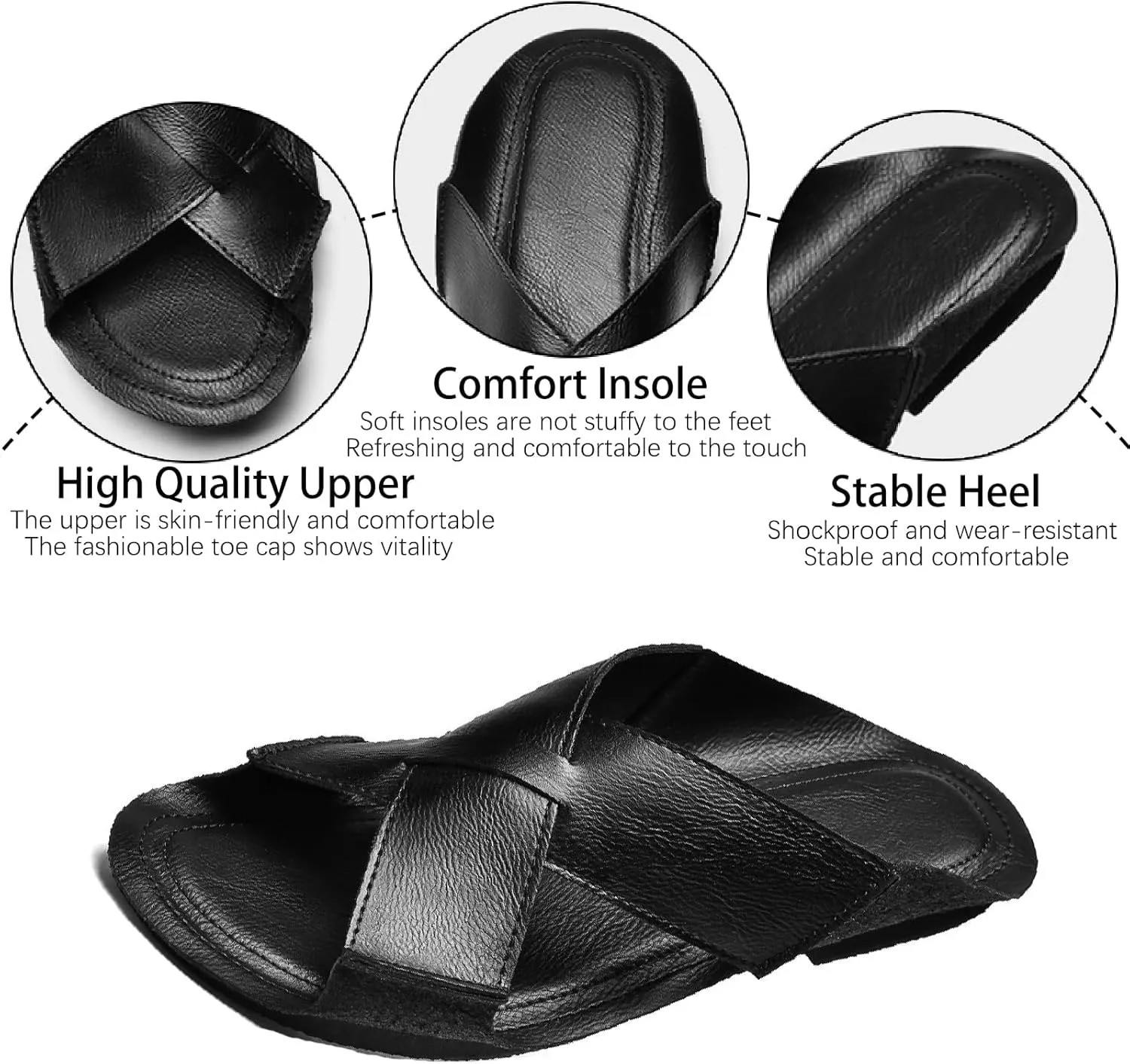 Men's Leather Cutout Flat Beach Slides Sandals Comfortable Lightweight Open Toe Anti-Slip Slip On Casual Water Sandals for Indoor & Outdoor Walking