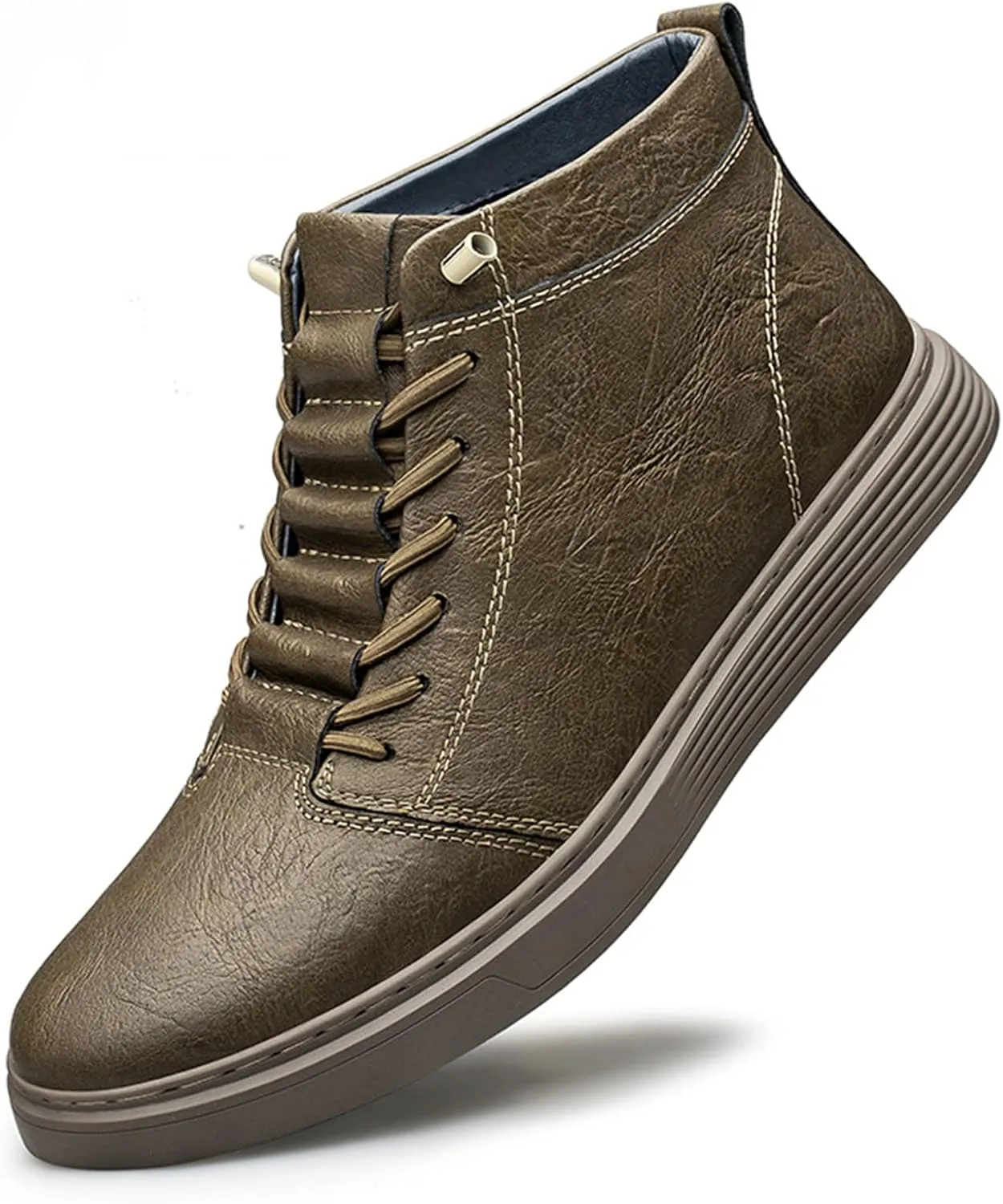 Men's Leather Embossed Flat High-Top Sneakers Autumn Plus Velvet Comfortable Warm Flat Non-Slip Lace-Up Chukka Boots Simple Fashion Walking Sports