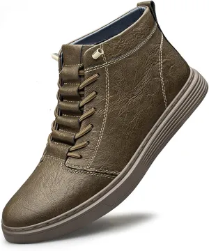 Men's Leather Embossed Flat High-Top Sneakers Autumn Plus Velvet Comfortable Warm Flat Non-Slip Lace-Up Chukka Boots Simple Fashion Walking Sports