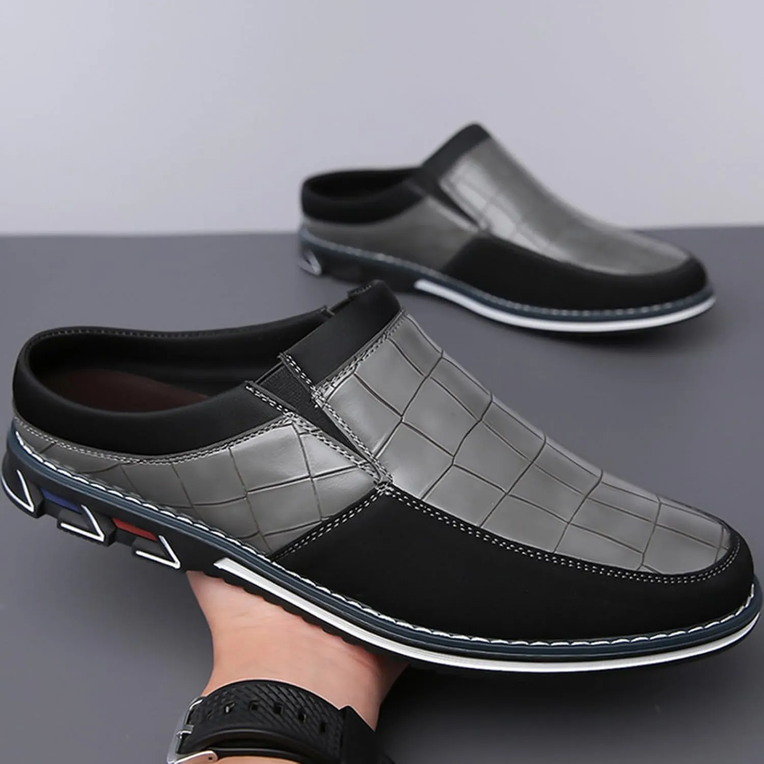 Men's Leather Printed Soft Sole Formal Mules Casual Comfortable Round Toe Flat Non-Slip Backless Lightweight Driving Loafers Business Work Mules