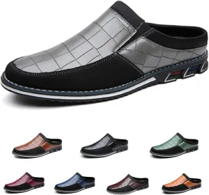 Men's Leather Printed Soft Sole Formal Mules Casual Comfortable Round Toe Flat Non-Slip Backless Lightweight Driving Loafers Business Work Mules
