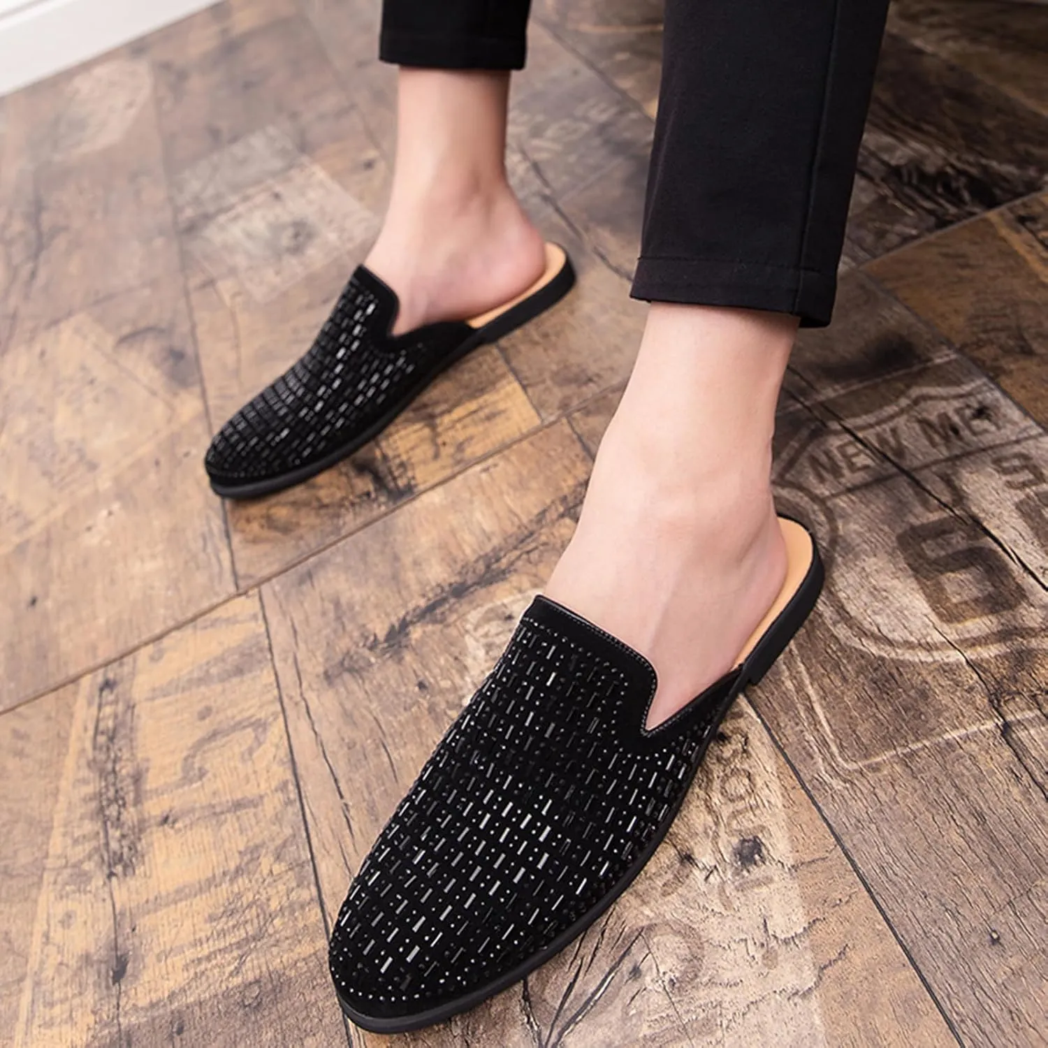 Men's Leather Rhinestones Flat Mules Fashion Closed Round Toe Slingback Slip-On Loafers Casual Comfort Backless Dress Slippers Sandals