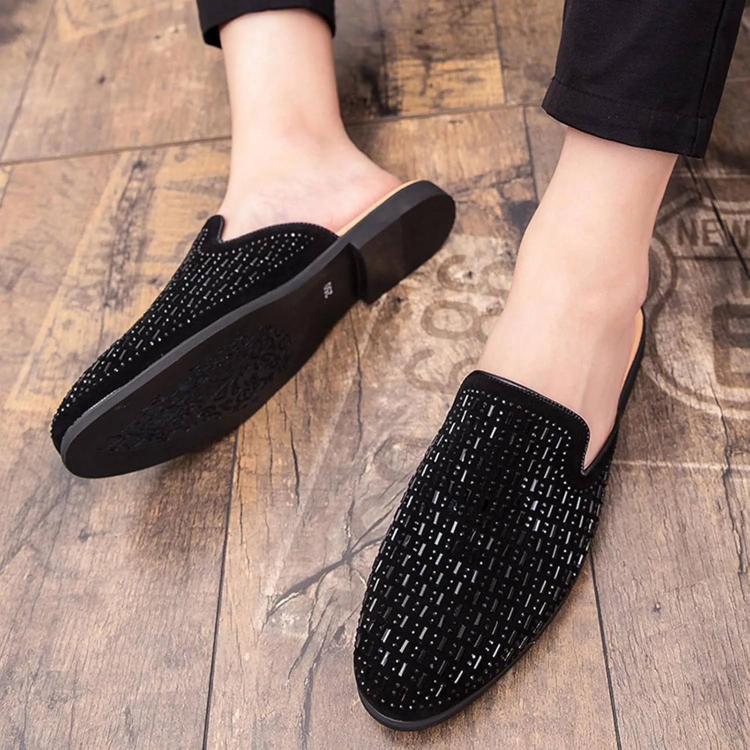 Men's Leather Rhinestones Flat Mules Fashion Closed Round Toe Slingback Slip-On Loafers Casual Comfort Backless Dress Slippers Sandals