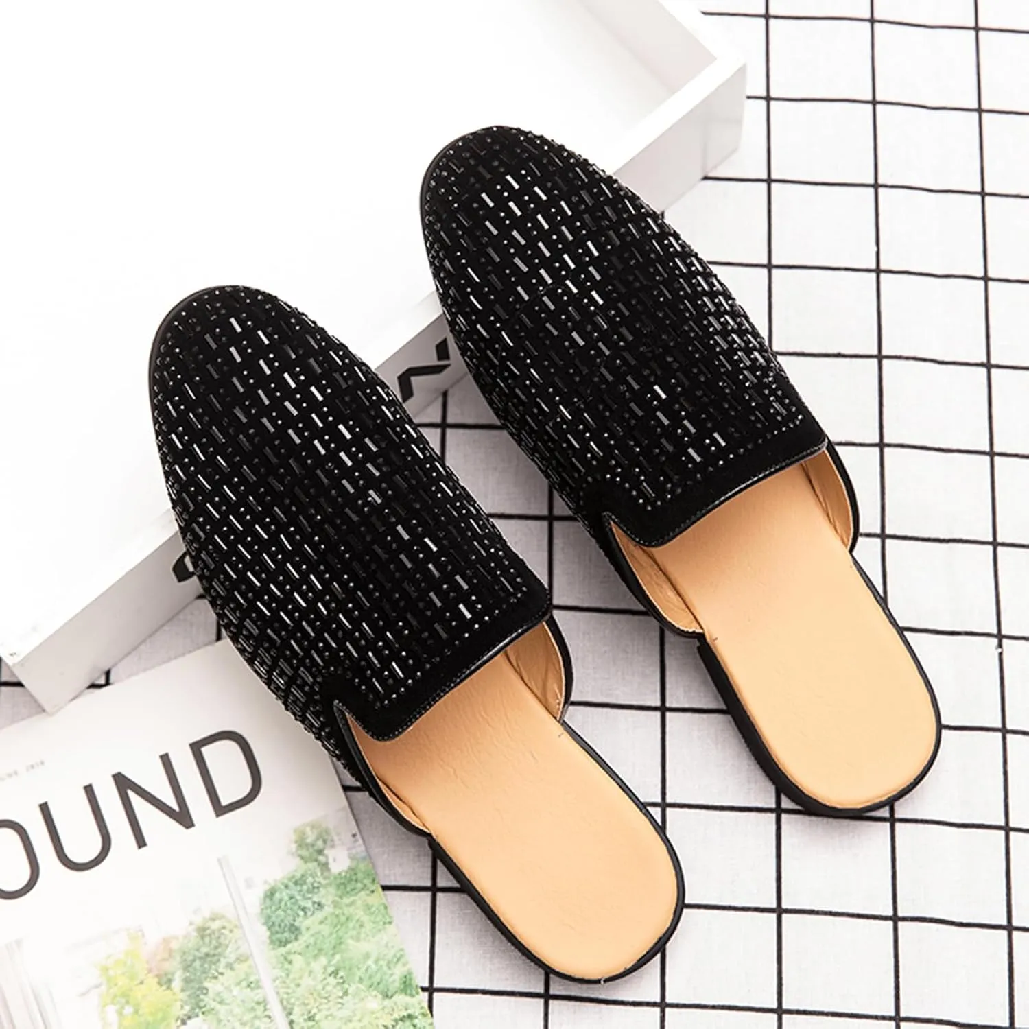 Men's Leather Rhinestones Flat Mules Fashion Closed Round Toe Slingback Slip-On Loafers Casual Comfort Backless Dress Slippers Sandals