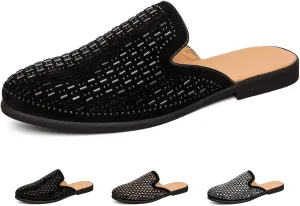 Men's Leather Rhinestones Flat Mules Fashion Closed Round Toe Slingback Slip-On Loafers Casual Comfort Backless Dress Slippers Sandals