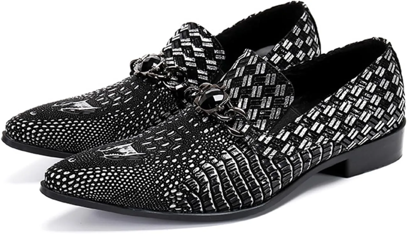 Men's Leather Shoes, Loafers Crocodile Pattern Genuine Leather Large Size Low Top Pointed Toe Slip-Ons Dress Shoes Breathable Casual Shoes