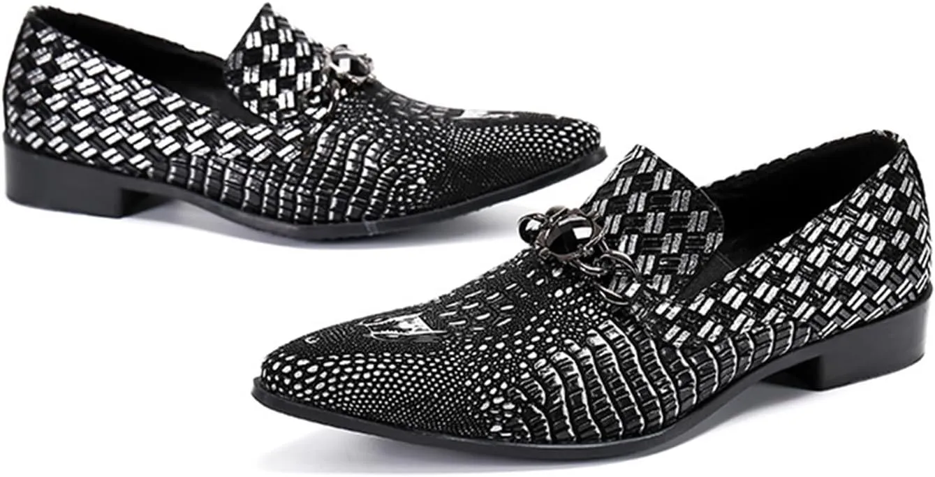 Men's Leather Shoes, Loafers Crocodile Pattern Genuine Leather Large Size Low Top Pointed Toe Slip-Ons Dress Shoes Breathable Casual Shoes
