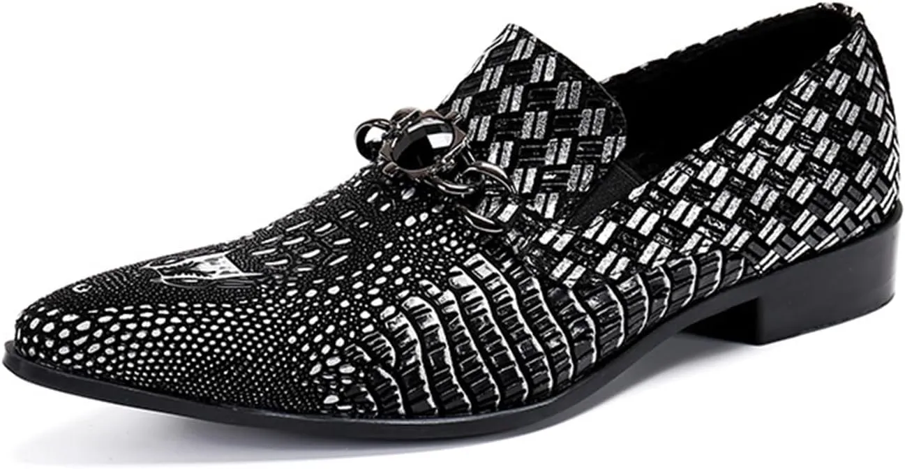 Men's Leather Shoes, Loafers Crocodile Pattern Genuine Leather Large Size Low Top Pointed Toe Slip-Ons Dress Shoes Breathable Casual Shoes