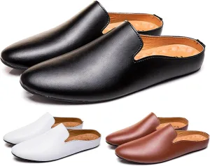 Men's Leather Simple Flat Casual Mule Clogs Fashion Slip On Comfortable Breathable Closed Pointed Toe Backless Dress Loafers for Work Party Wedding Walking