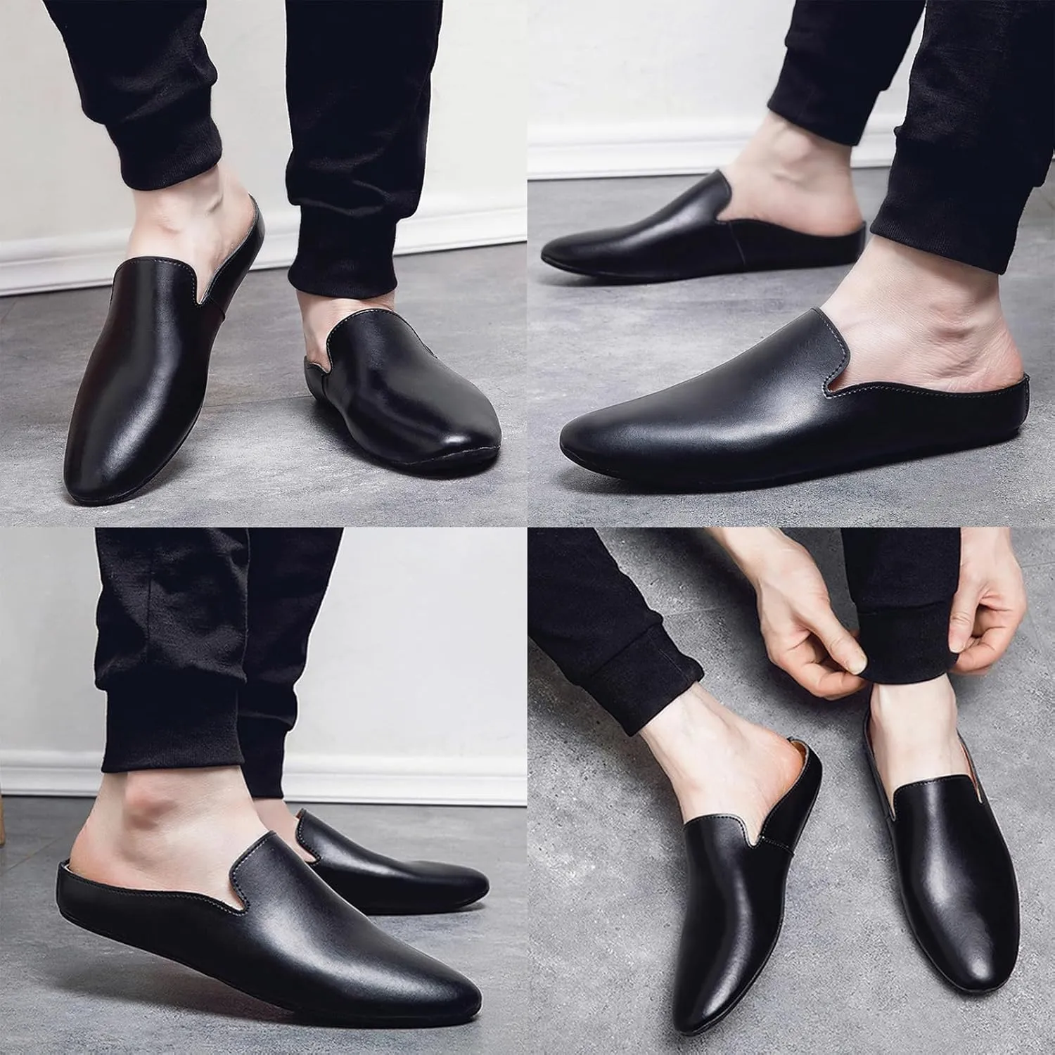 Men's Leather Simple Flat Casual Mule Clogs Fashion Slip On Comfortable Breathable Closed Pointed Toe Backless Dress Loafers for Work Party Wedding Walking