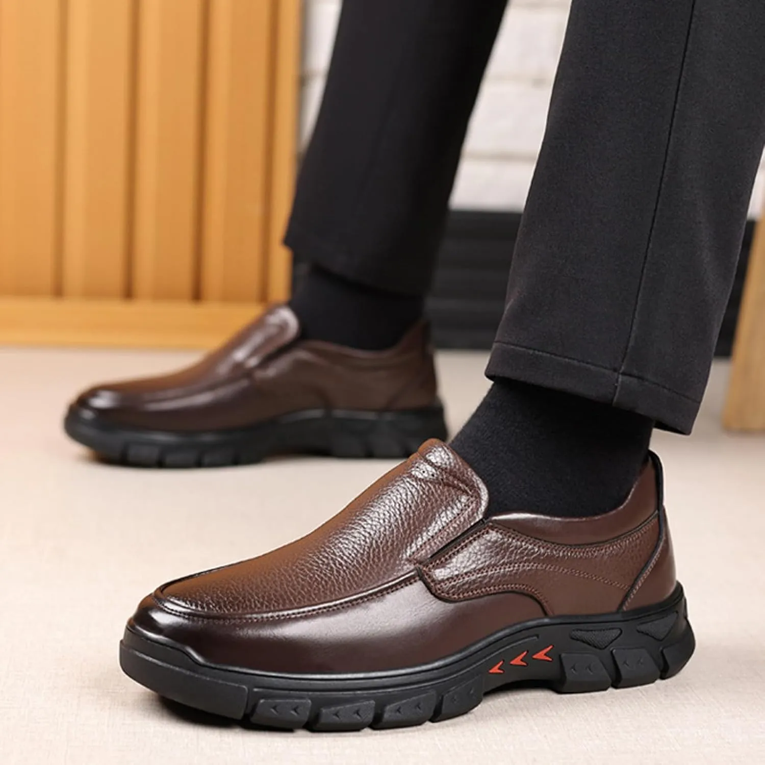 Mens Leather Slip On Comfortable Non Slip Soft Sole Loafers Lightweight Business Casual Dress Work Shoes for Driving Walking Wedding Prom Party