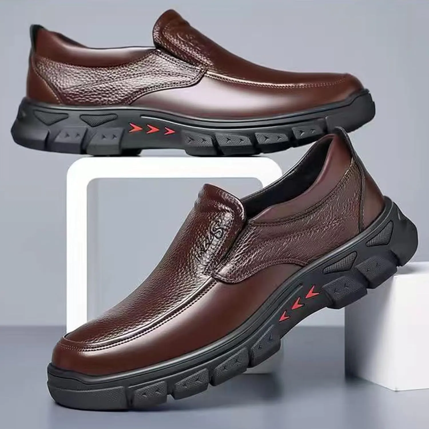 Mens Leather Slip On Comfortable Non Slip Soft Sole Loafers Lightweight Business Casual Dress Work Shoes for Driving Walking Wedding Prom Party