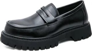Mens Leather Slip-On Platform Dress Penny Loafers Non-Slip Low Top Round Toe Chunky Shoes for Business Casual Dress Prom Party