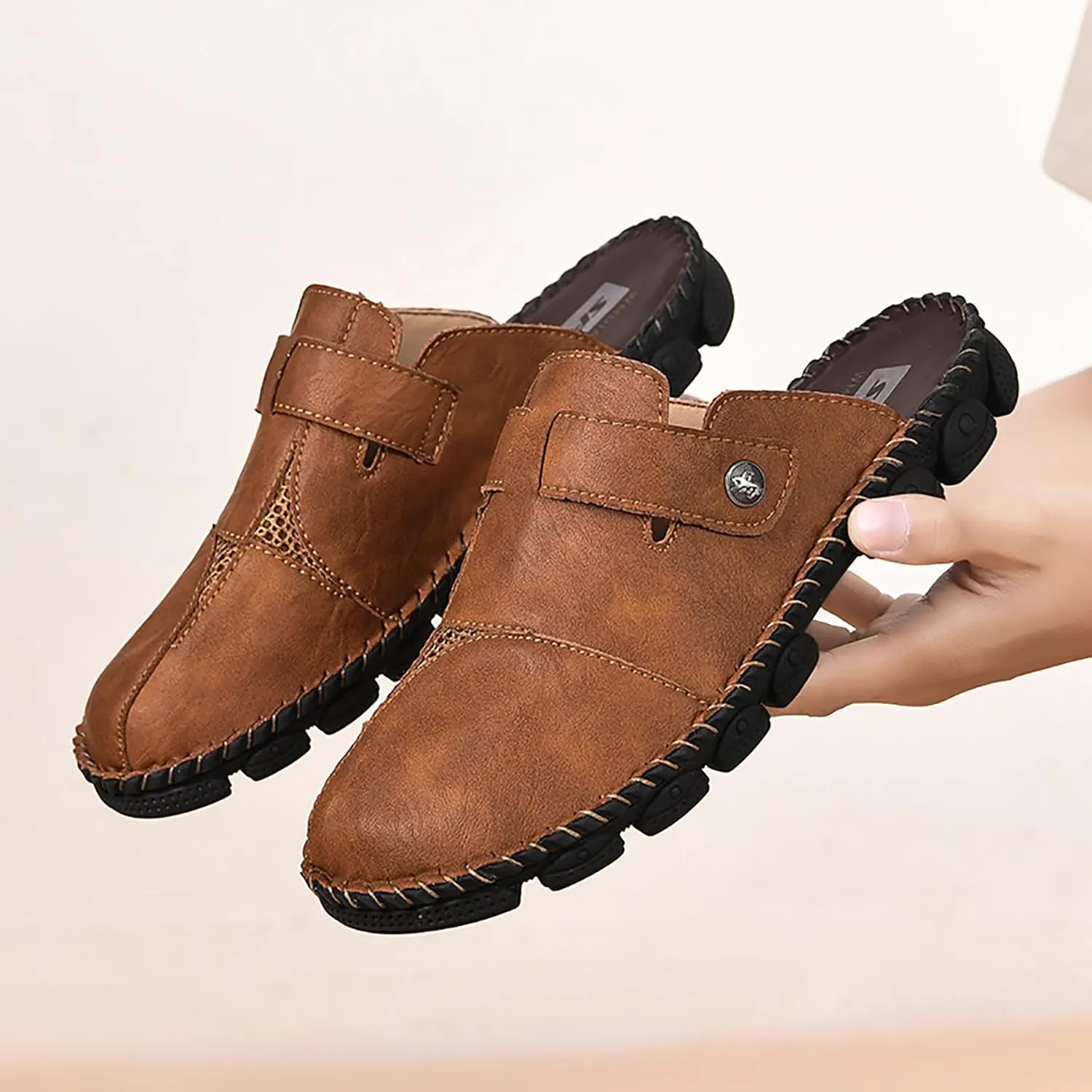 Mens Leather Slippers Closed Toe Mules Summer Casual Outdoor Sandals Beach Shoes