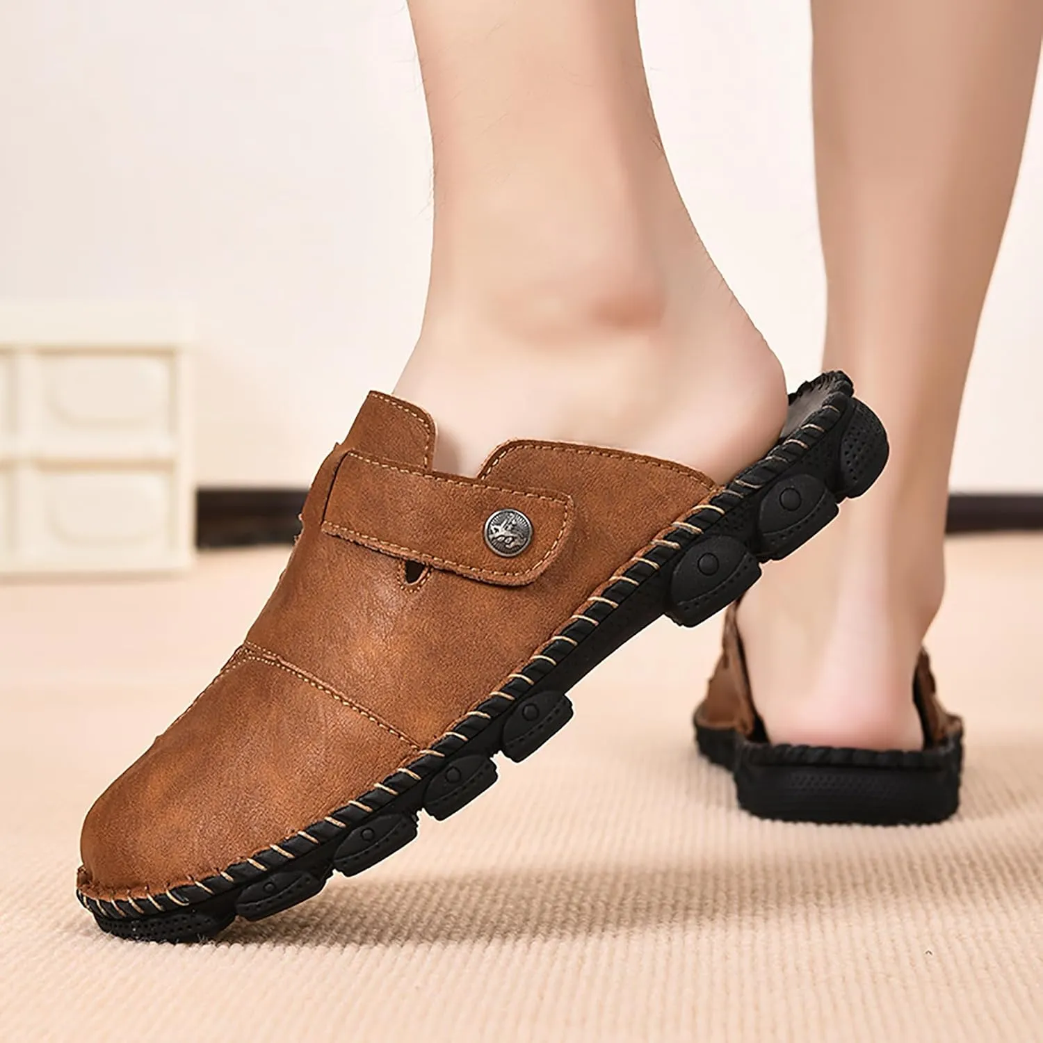 Mens Leather Slippers Closed Toe Mules Summer Casual Outdoor Sandals Beach Shoes